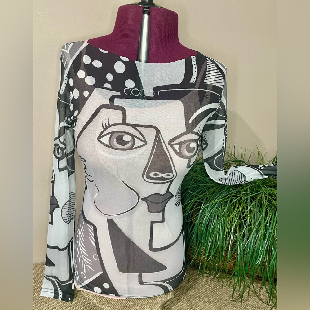 SHEIN Sheer Abstract Grey and Black Mesh Women's Top size Small